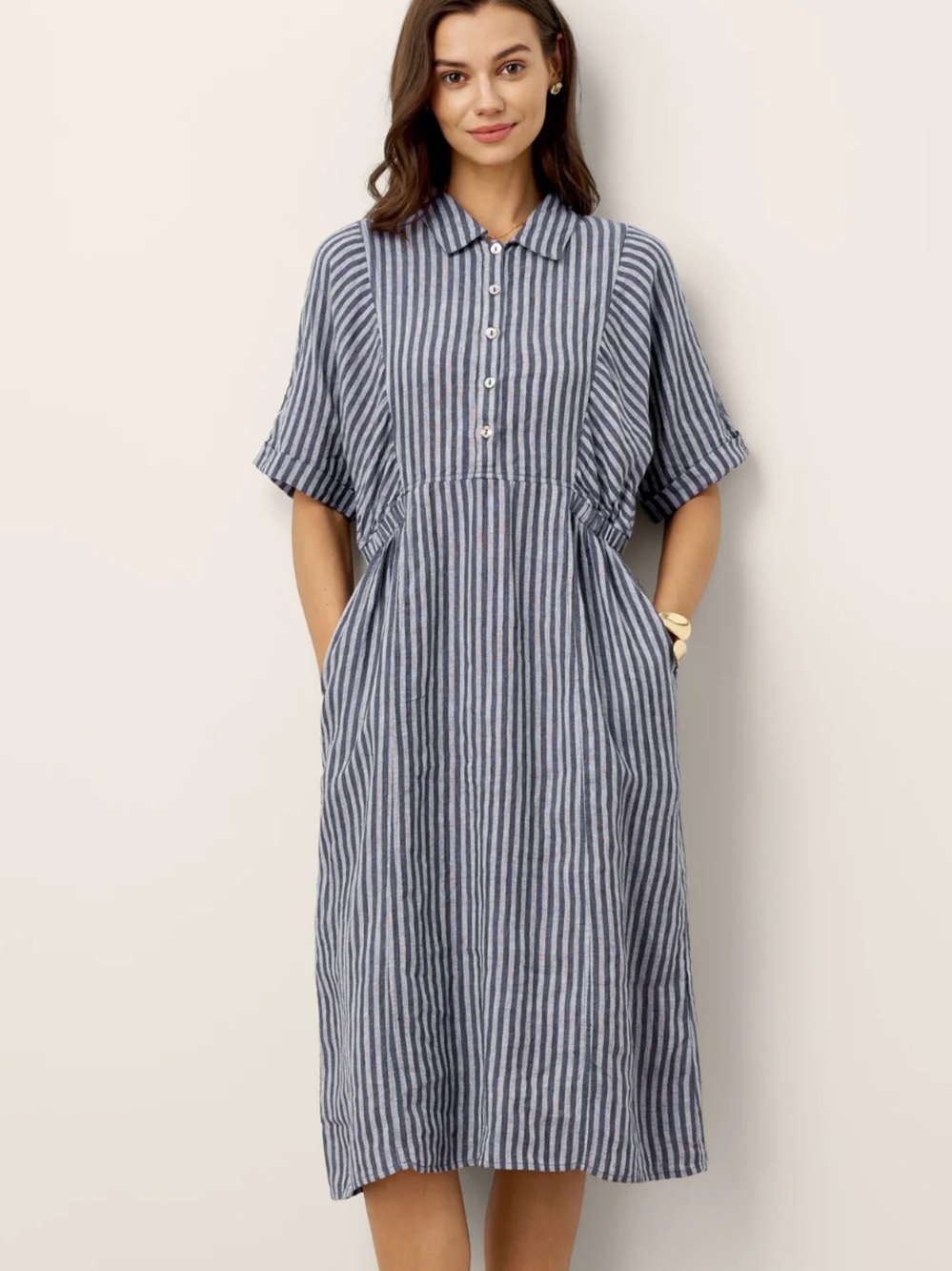 NWT Lintico CASSANDRA Linen Striped Buttoned Front Short Sleeve Midi Shirt Dress